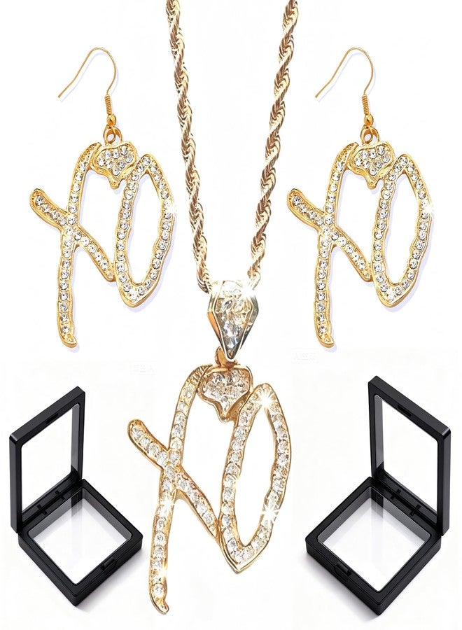 Frstem Hip Hop XO Necklace Earrings Set for Women XO Letter Pendant Necklace Xo Dangle Earrings Iced Out Letter Jewelry Christmas Statement Rock Gift Trendy Accessories (Gold) - Image 1