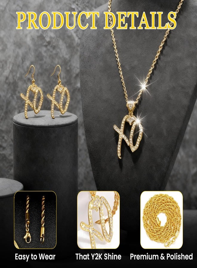 Frstem Hip Hop XO Necklace Earrings Set for Women XO Letter Pendant Necklace Xo Dangle Earrings Iced Out Letter Jewelry Christmas Statement Rock Gift Trendy Accessories (Gold) - Image 2