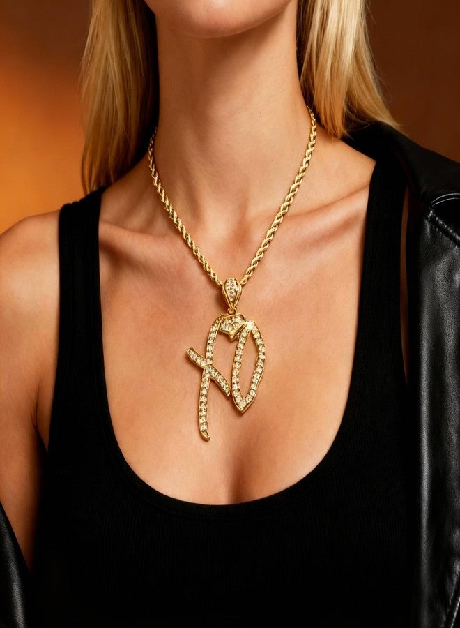 Frstem Hip Hop XO Necklace Earrings Set for Women XO Letter Pendant Necklace Xo Dangle Earrings Iced Out Letter Jewelry Christmas Statement Rock Gift Trendy Accessories (Gold) - Image 5