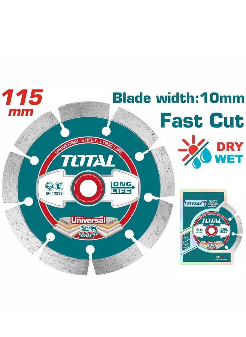 TOTAL Total 115mm Diamond Segment Disc – 22.22mm Bore, 7.5mm Blade Width – High-Speed Cutting Wheel for Concrete, Stone, Brick & Tile – Universal Fit for Angle Grinders  - Image 1