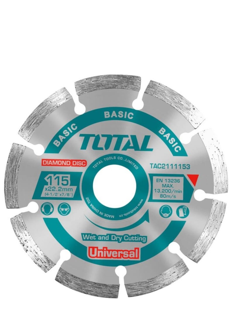 TOTAL Total 115mm Diamond Segment Disc – 22.22mm Bore, 7.5mm Blade Width – High-Speed Cutting Wheel for Concrete, Stone, Brick & Tile – Universal Fit for Angle Grinders  - Image 2
