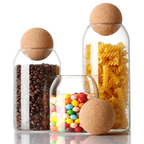 NUTRIUPS Storage Glass Jar with Ball Cork Lid, 3Pcs Glass Canisters with Cork Ball, Cute Decorative Round Jars with Wood Lid 500 ML/17Oz,800ML/27Oz,1200ML/41Oz - Image 1