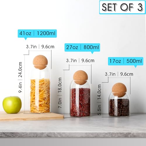 NUTRIUPS Storage Glass Jar with Ball Cork Lid, 3Pcs Glass Canisters with Cork Ball, Cute Decorative Round Jars with Wood Lid 500 ML/17Oz,800ML/27Oz,1200ML/41Oz - Image 2
