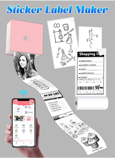 صانع ملصقات لاسلكي - طابعة ملصقات حرارية محمولة - طابعة صغيرة متوافقة مع Android وiOS - ملصق بلوتوث للدراسة، العمل، المكتب، المطبخ، DIY، هدية
