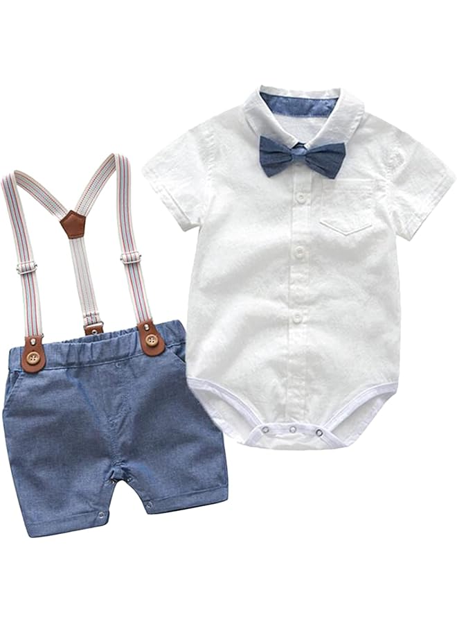KASTWAVE Boys Toddler Summer Gentleman Outfit Kid Blue Short Sleeve Bowtie Shirt Suspender Shorts Suit 80Cm - Image 1