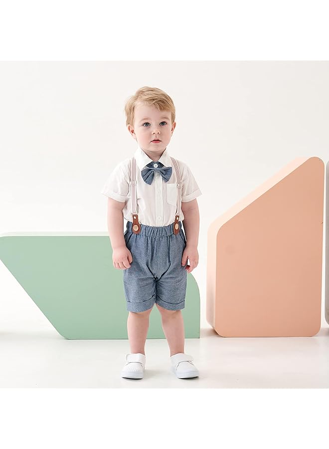 KASTWAVE Boys Toddler Summer Gentleman Outfit Kid Blue Short Sleeve Bowtie Shirt Suspender Shorts Suit 80Cm - Image 3