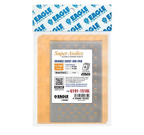 Eagle Abrasives Super Assilex Flexible Sanding Sheets Job-PAK, Orange K-1200, U191-1510L, 4 Sheets + 1 L Hand Pad for Full Sheets - Image 1