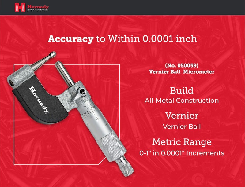 Hornady Vernier Ball Micrometer 050059 - Reloading Equipment for Measuring Case Neck Thickness Up to 1 Inch Range & 0.0001 Inch Accuracy-Ball Micrometer with Ratchet Stop, Spindle Lock, & Storage Case - Image 4