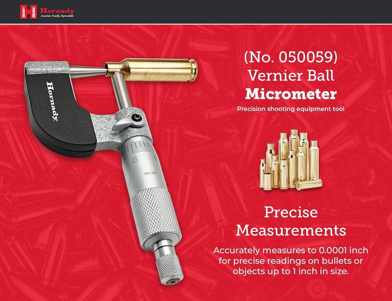 Hornady Vernier Ball Micrometer 050059 - Reloading Equipment for Measuring Case Neck Thickness Up to 1 Inch Range & 0.0001 Inch Accuracy-Ball Micrometer with Ratchet Stop, Spindle Lock, & Storage Case - Image 2