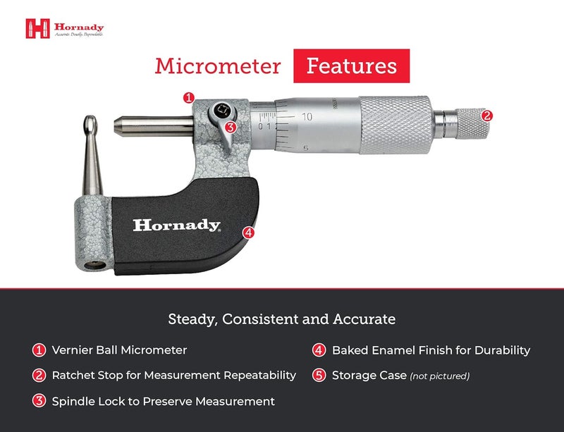 Hornady Vernier Ball Micrometer 050059 - Reloading Equipment for Measuring Case Neck Thickness Up to 1 Inch Range & 0.0001 Inch Accuracy-Ball Micrometer with Ratchet Stop, Spindle Lock, & Storage Case - Image 3