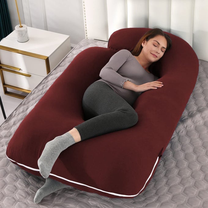 PREGNANCY PILLOW MATERNITY BODY PILLOW FOR SLEEPING WITH BODY PILLOW COVER J SHAPED PREGNANCY PILLOW FOR PREGNANT WOMENMAROON