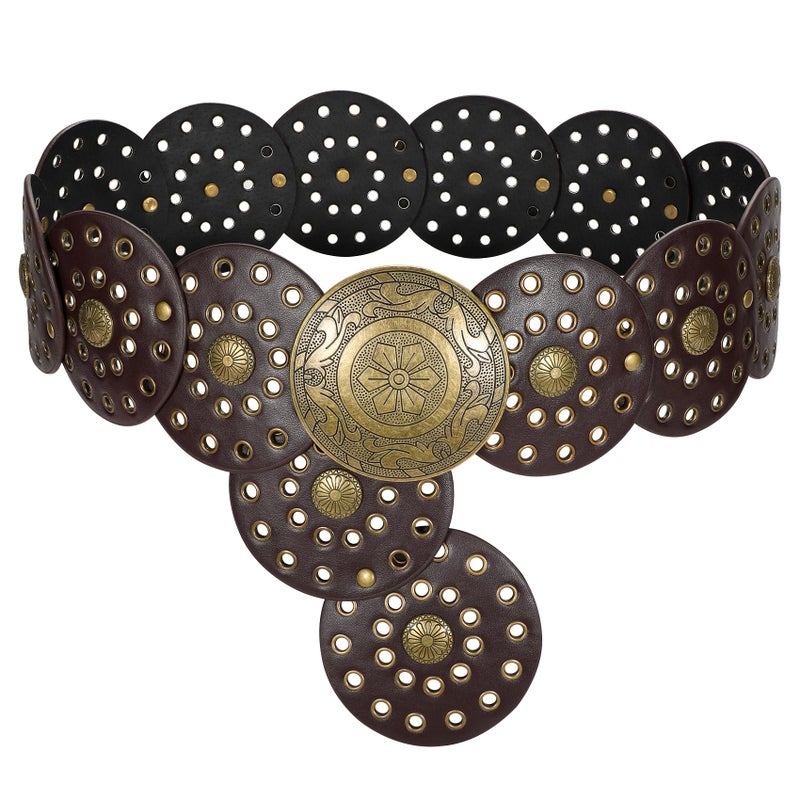 LEACOOLKEY Women's Boho Disc Belt Wide Western Leather Belt Vintage Concho Waist Belts for Dress Jeans - Image 1