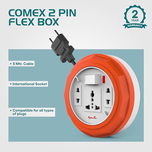 Fybros Comex 2 Pin Extension Cord, Extension Box, Power Strip with International Sockets Extension Board, 2 Year Warranty, 5 Meter Heavy Duty Cable, (Multicolor)- Made in India - Image 2