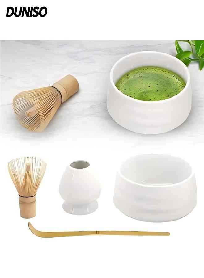 DUNISO Matcha Set，Matcha Tea Set，4Pcs Japanese Matcha Whisk Set Including Whisk, Traditional Scoop, Whisk Holder, Matcha Bowl，Traditional Handmade Matcha Tea Tool (White) - Image 1