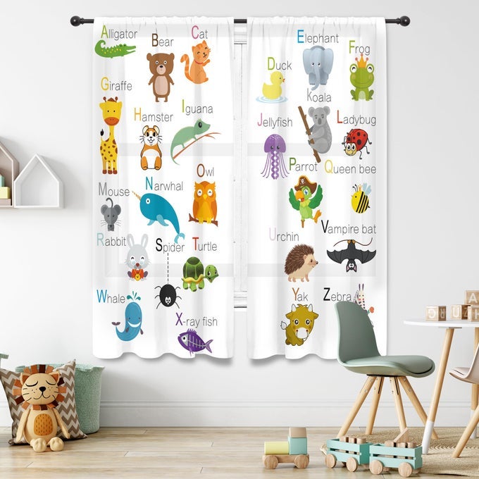 ABC ALPHABET KIDS CURTAINS 41W X 62L INCH SHEER ROD POCKET CARTOON ANIMAL BABY BOYS BEDROOM DECOR CHILD NURSERY FUNNY LEARNING EDUCATIONAL FABRIC CLASSROOM PLAYROOM LIVING ROOM WINDOW DRAPES