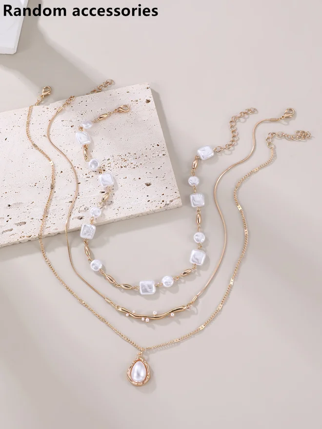 Take Two  Pack of 3 - Gold Faux Pearl Layered Necklace for Women | Best Price UAE