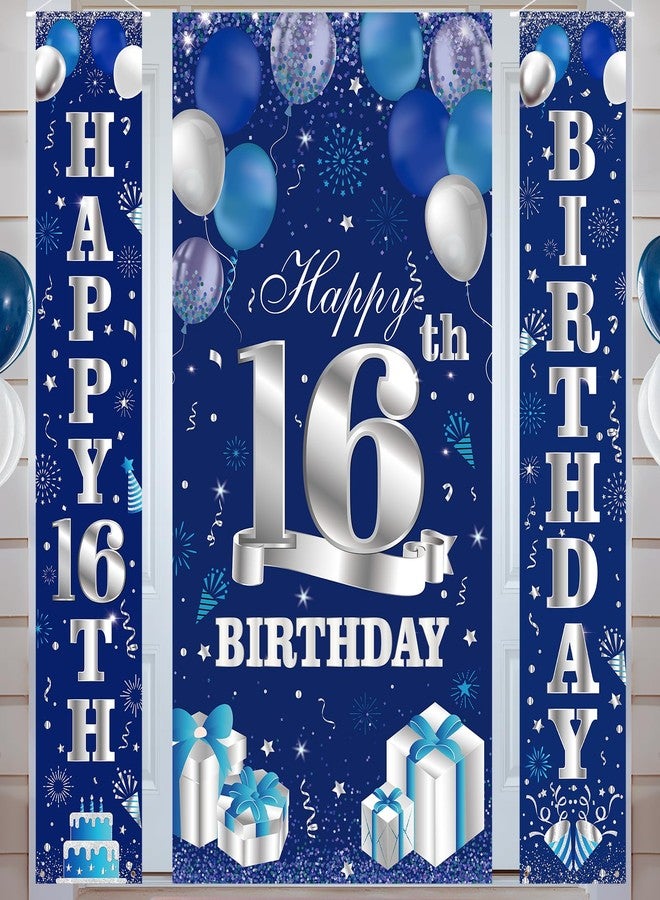 Wayyogh 3PCS Blue Silver 16th Birthday Decorations for Boys Happy 16th Birthday Door Banner and Door Cover Backdrop Sixteen Porch Sign Supplies 16 Year Old Birthday Party Photo Booth Props Decorations - Image 1