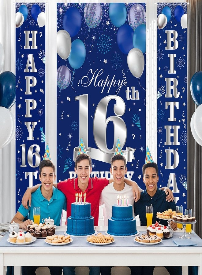 Wayyogh 3PCS Blue Silver 16th Birthday Decorations for Boys Happy 16th Birthday Door Banner and Door Cover Backdrop Sixteen Porch Sign Supplies 16 Year Old Birthday Party Photo Booth Props Decorations - Image 2