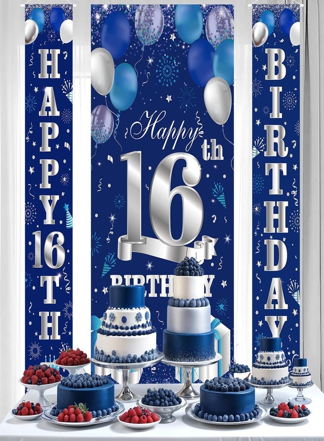Wayyogh 3PCS Blue Silver 16th Birthday Decorations for Boys Happy 16th Birthday Door Banner and Door Cover Backdrop Sixteen Porch Sign Supplies 16 Year Old Birthday Party Photo Booth Props Decorations - Image 5