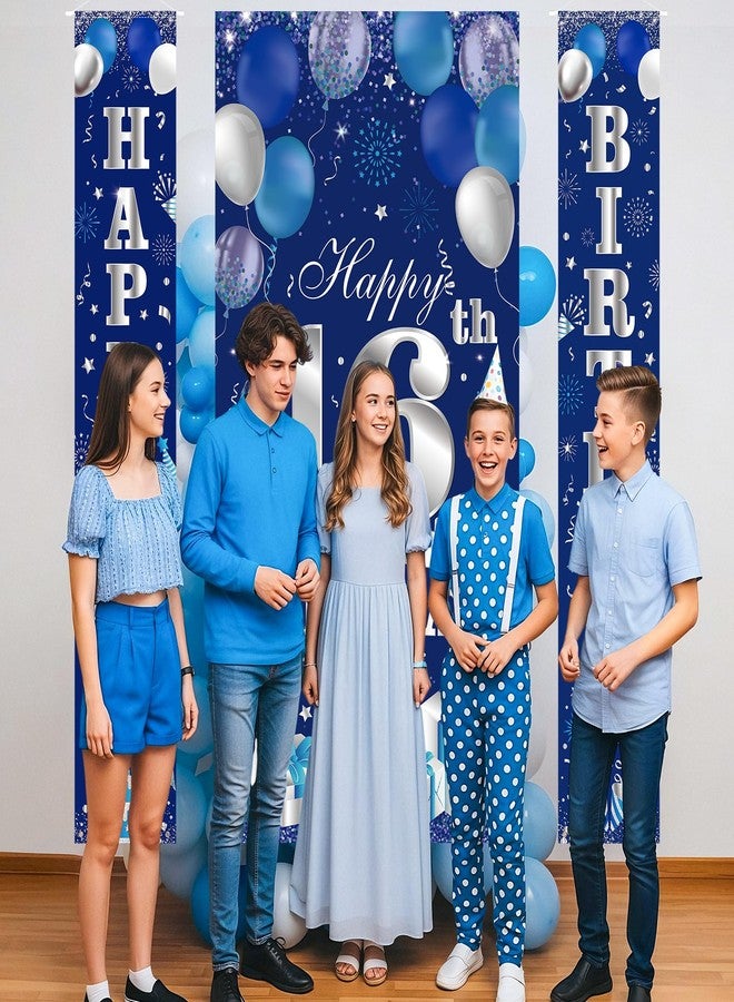 Wayyogh 3PCS Blue Silver 16th Birthday Decorations for Boys Happy 16th Birthday Door Banner and Door Cover Backdrop Sixteen Porch Sign Supplies 16 Year Old Birthday Party Photo Booth Props Decorations - Image 3
