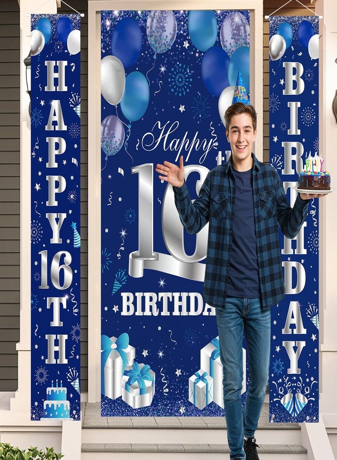 Wayyogh 3PCS Blue Silver 16th Birthday Decorations for Boys Happy 16th Birthday Door Banner and Door Cover Backdrop Sixteen Porch Sign Supplies 16 Year Old Birthday Party Photo Booth Props Decorations - Image 4