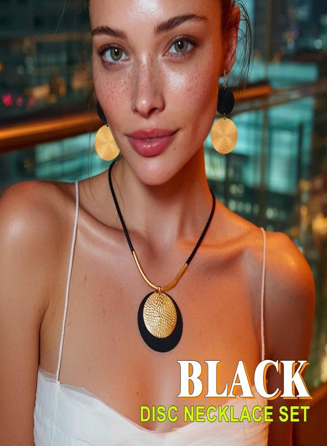 EVILD Black Disc Necklace and Earrings Set Gold Circle Geometric Jewelry Set for Women - Image 3