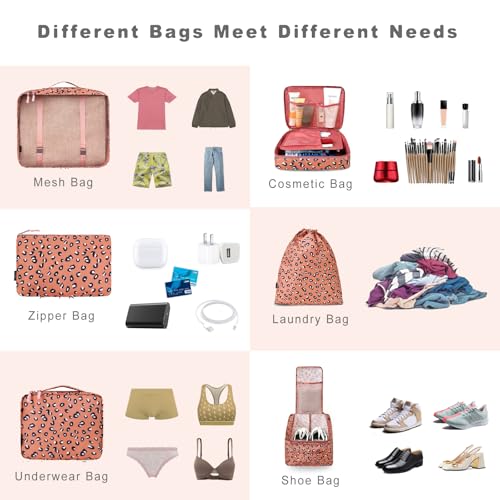 BAGAIL مجموعة حقائب باجاي 8 لتنظيم الأمتعة - منظمين حقائب السفر - نمط الفهد الوردي - Image 5