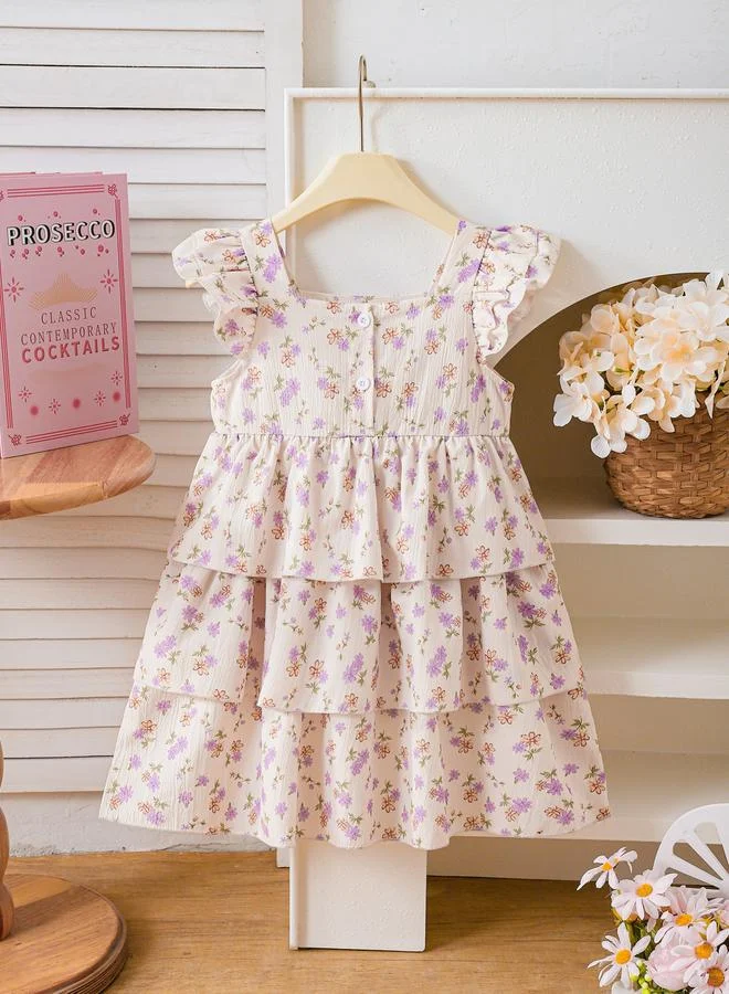 تايك تو فستان بأكمام كشكش وحافة كشكش وطبعة أزهار للأطفال