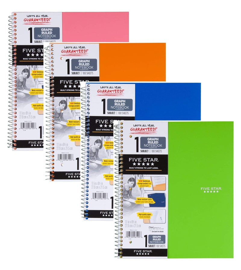 Five Star Spiral Notebook 1 Subject Graph Ruled Paper 100 Sheets 11 x 812 Color Will Vary 4 Pack 06190