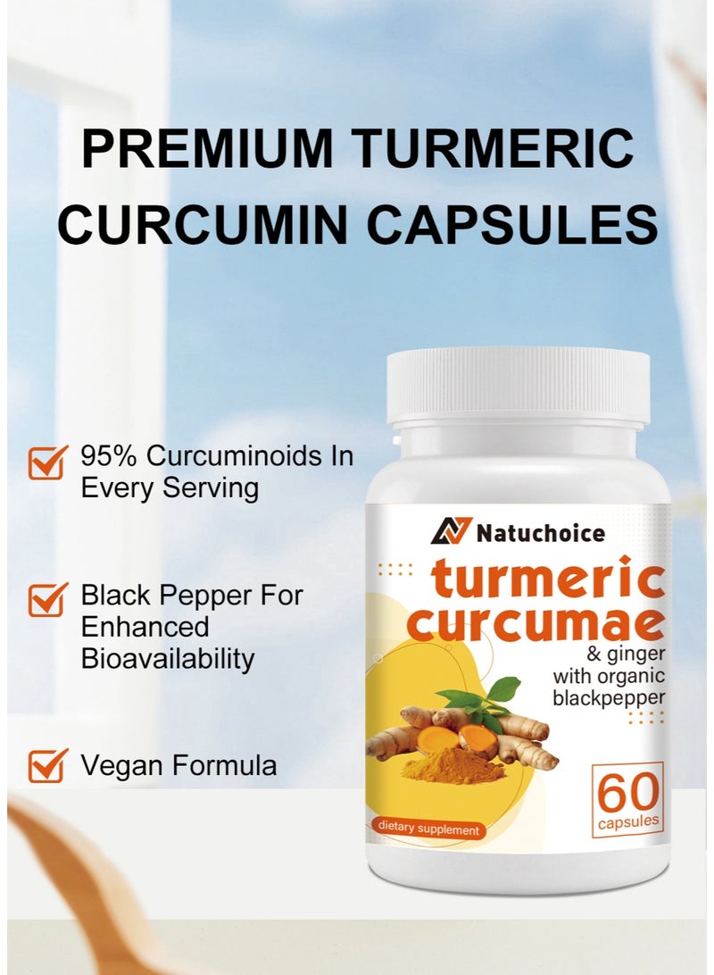 Natuchoice High-Potency Turmeric Curcumae & Ginger Capsules | 95% Curcuminoids + Black Pepper | Antioxidant, Joint Comfort, Heart Health, Brain Support, Immune Boost | 60 Vegan Capsules | Natuchoice - Image 3