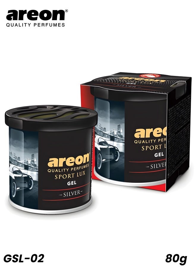 AREON Sport Lux Gel Silver Car Air Freshener Can 80g | Long Lasting Gel Car Perfume with Adjustable Lid | Dashboard & Cup Holder Use - Image 1