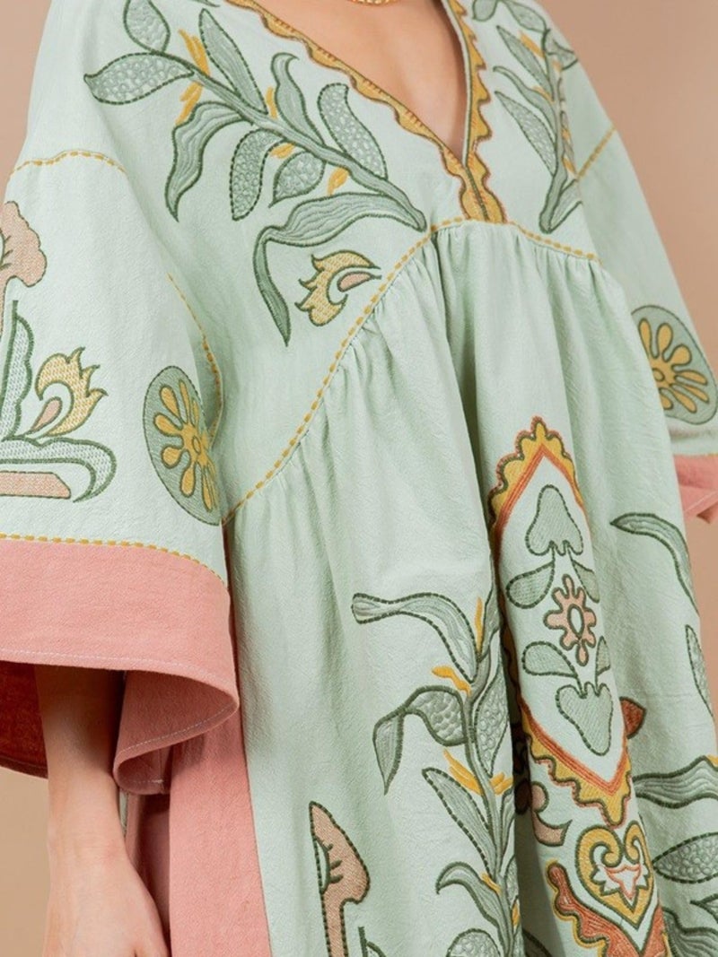 Joiemont Womens Oversized Embroidered Dress with V-Neck and 3/4 Sleeves Vintage Embroidery Babydoll Dress(0603-LightGreen-S) - Image 4