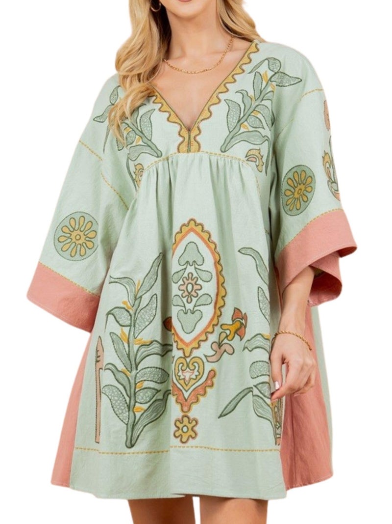 Joiemont Womens Oversized Embroidered Dress with V-Neck and 3/4 Sleeves Vintage Embroidery Babydoll Dress(0603-LightGreen-S) - Image 1
