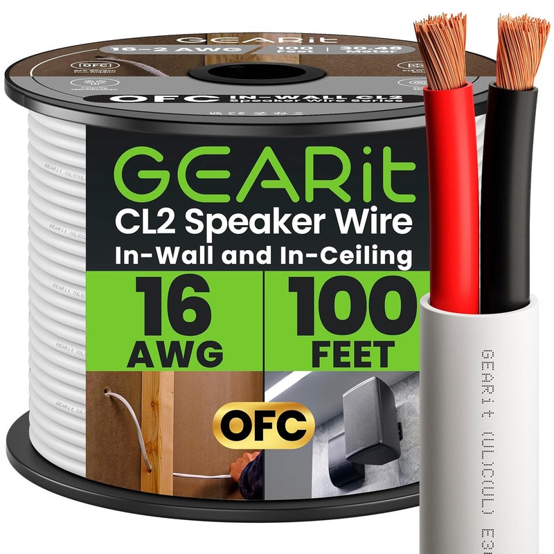 GearIT 16/2 Speaker Wire (100 Feet) 16AWG Gauge - in Wall Audio Speaker Wire Cable / CL2 Rated / 2 Conductors - OFC Oxygen-Free Copper, White 100ft - Image 1