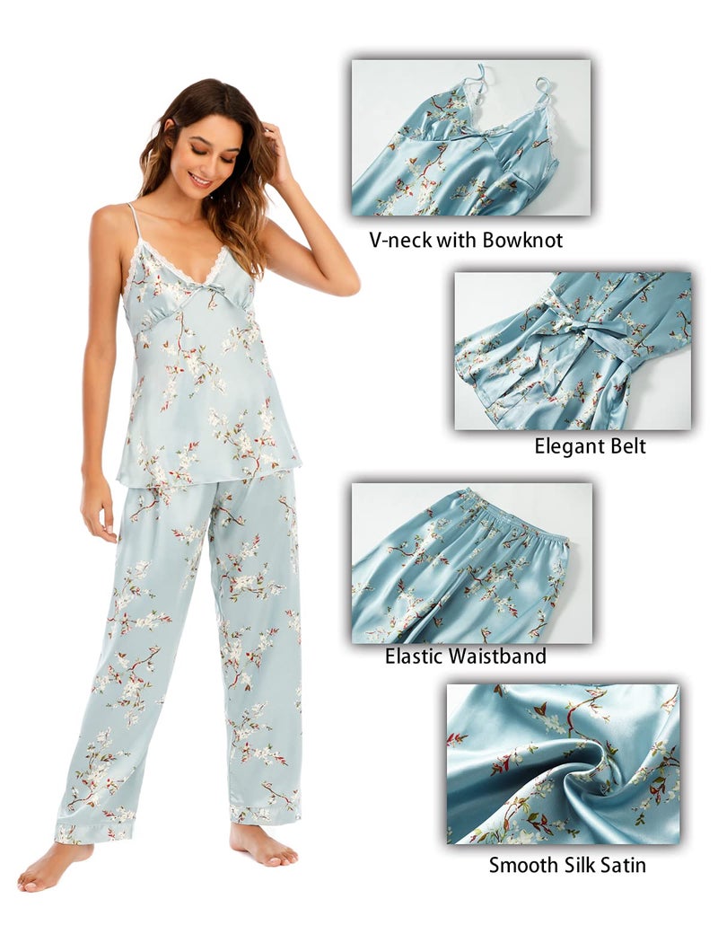 Escalier Women's Silk Satin Pajamas Set 3 Pcs Floral Silky Pj Sets Sleepwear Cami Nightwear with Robe and Pants (Blue Floral, Medium) - Image 3