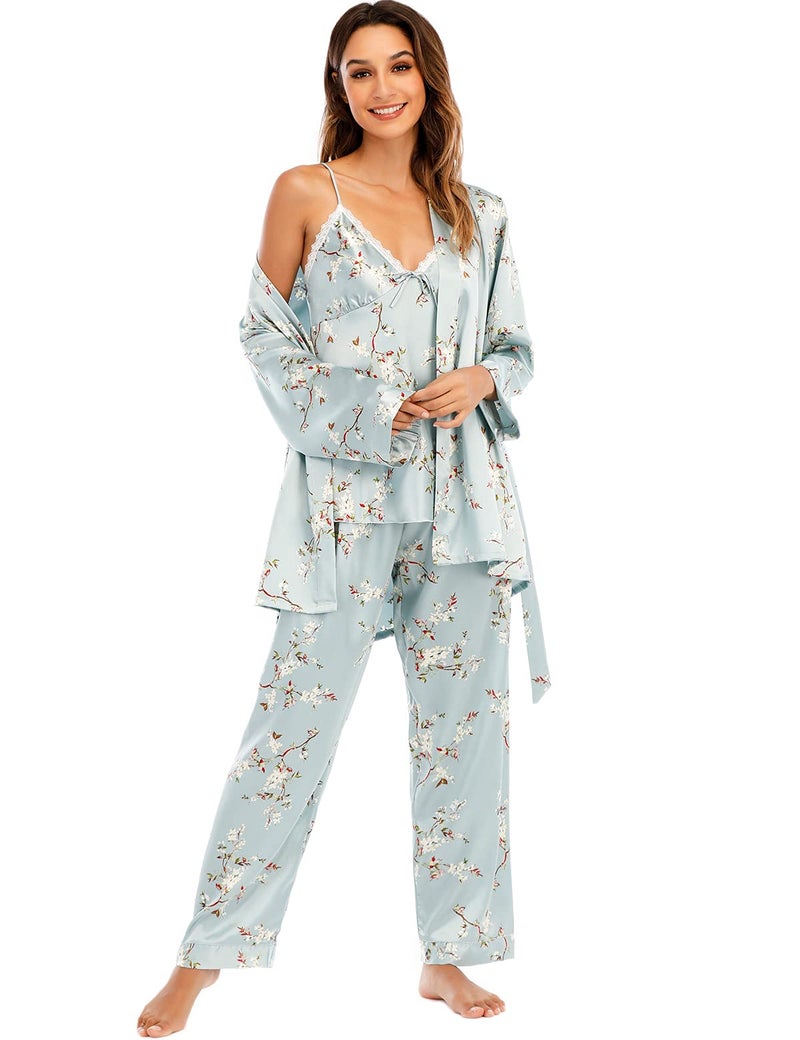 Escalier Women's Silk Satin Pajamas Set 3 Pcs Floral Silky Pj Sets Sleepwear Cami Nightwear with Robe and Pants (Blue Floral, Medium) - Image 1