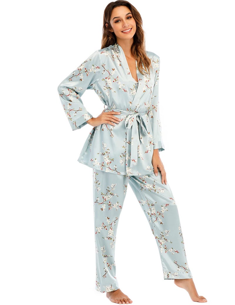 Escalier Women's Silk Satin Pajamas Set 3 Pcs Floral Silky Pj Sets Sleepwear Cami Nightwear with Robe and Pants (Blue Floral, Medium) - Image 5