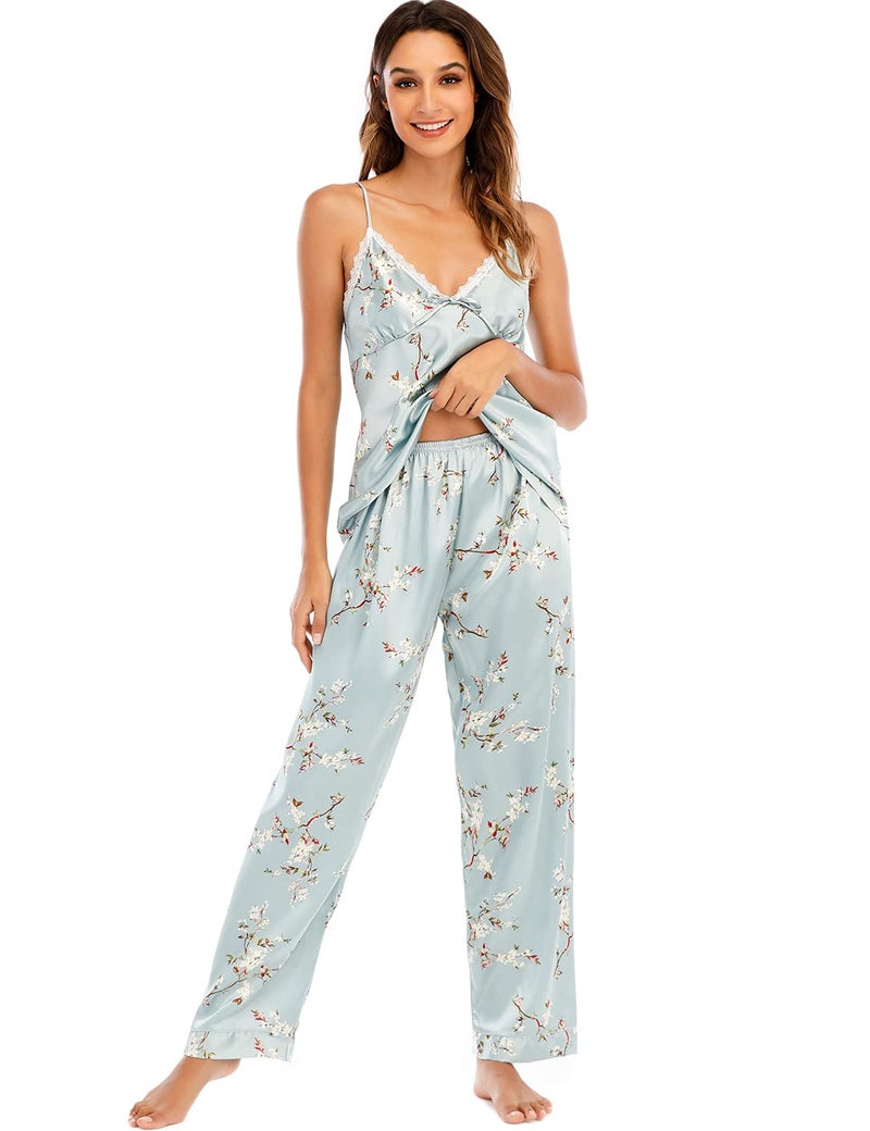 Escalier Women's Silk Satin Pajamas Set 3 Pcs Floral Silky Pj Sets Sleepwear Cami Nightwear with Robe and Pants (Blue Floral, Medium) - Image 4