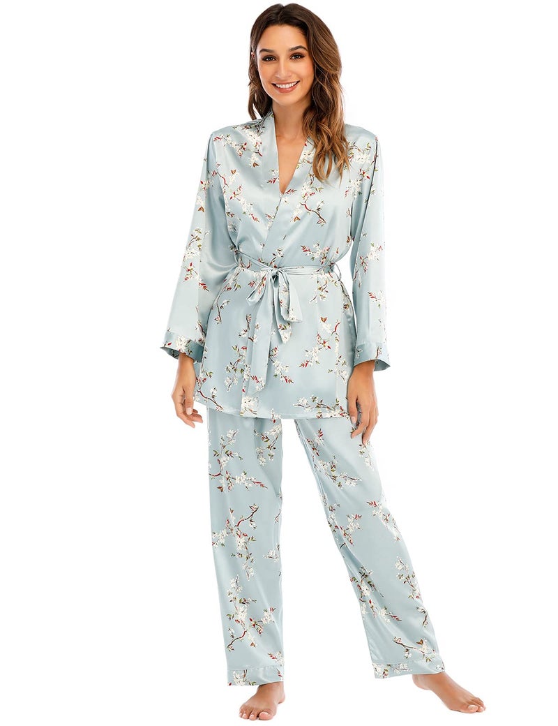 Escalier Women's Silk Satin Pajamas Set 3 Pcs Floral Silky Pj Sets Sleepwear Cami Nightwear with Robe and Pants (Blue Floral, Medium) - Image 2