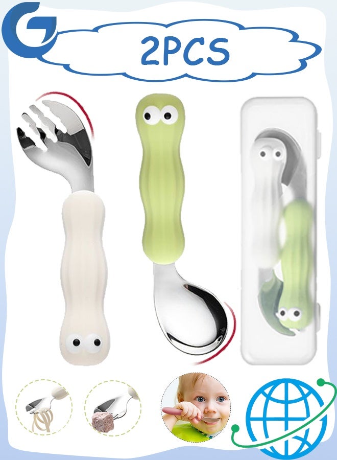 إم إكس إن أدوات طعام للأطفال الصغار، طقم شوكة وملعقة مع حقيبة سفر، مقبض سيليكون، أدوات مائدة آمنة من الفولاذ المقاوم للصدأ، سهلة الاستخدام - Image 1