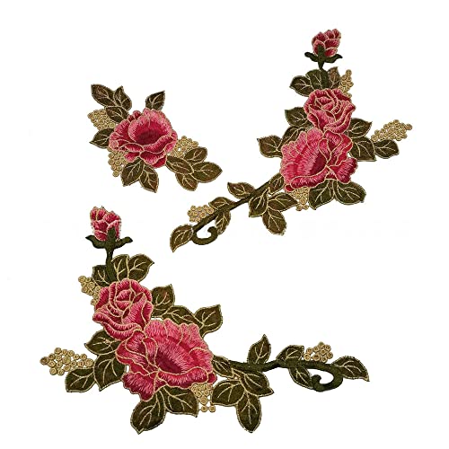 FEEPOP 3 Pcs Beautiful Red Rose Flower Floral Collar Sew Patch Applique Badge Embroidery Dress Handmade Craft Ornament Fabric(Color F) - Image 1
