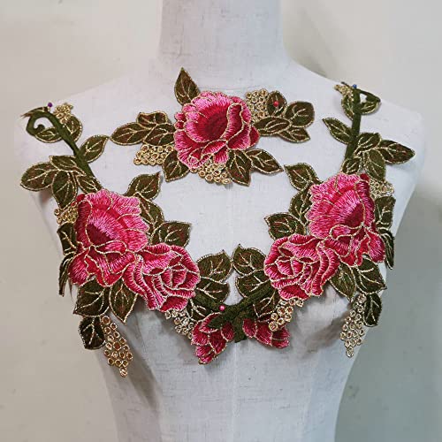 FEEPOP 3 Pcs Beautiful Red Rose Flower Floral Collar Sew Patch Applique Badge Embroidery Dress Handmade Craft Ornament Fabric(Color F) - Image 2