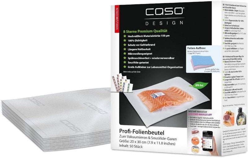 CASO professional foil bag 20x30 cm / 50 bags, for all beams vacuumer, BPA-free, very strong & tearproof approx. 150µm, boil-proof, Sous Vide suitable, reusable, suitable for foil welding machines - Image 1
