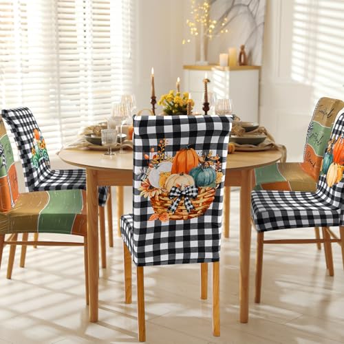 Mindsoft 6 Pcs Thanksgiving Chair Covers Fall Stretch Removable Dining Chair Protector Washable Autumn Pumpkin Truck Buffalo Plaid Slipcovers for Thanksgiving Dining Hotel Party Wedding Holiday Decor - Image 3
