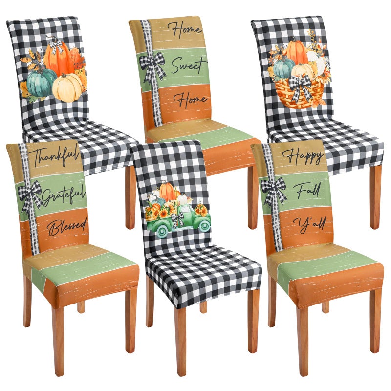 Mindsoft 6 Pcs Thanksgiving Chair Covers Fall Stretch Removable Dining Chair Protector Washable Autumn Pumpkin Truck Buffalo Plaid Slipcovers for Thanksgiving Dining Hotel Party Wedding Holiday Decor - Image 2