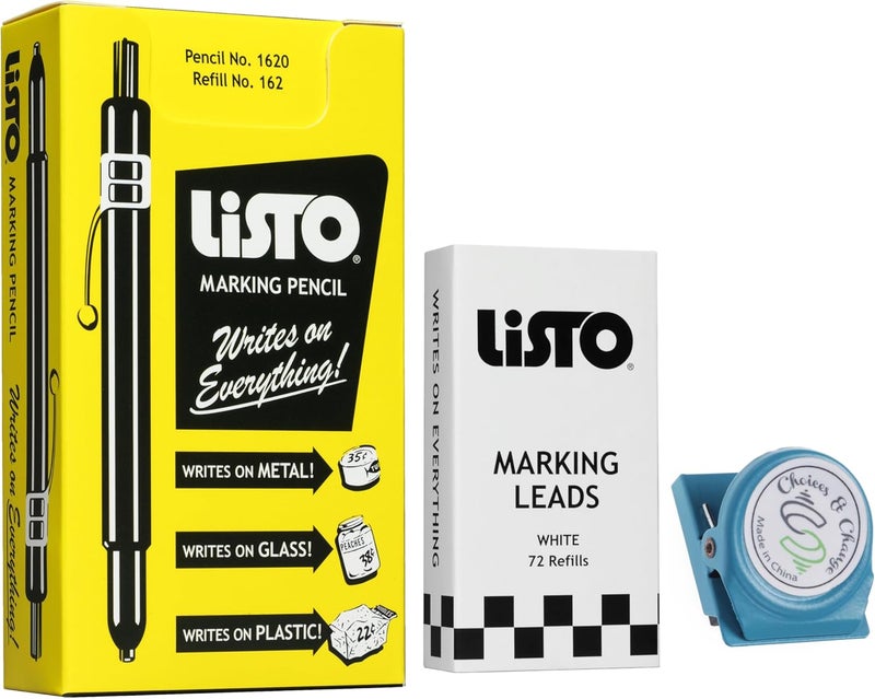 Listo Bundle of 1620 Marking Pencil/Grease Pencils/China Marking Pencils/Wax Pencils - White, Box of 12 With 72 Refills With Bonus Magnetic Memo Clip - Image 1