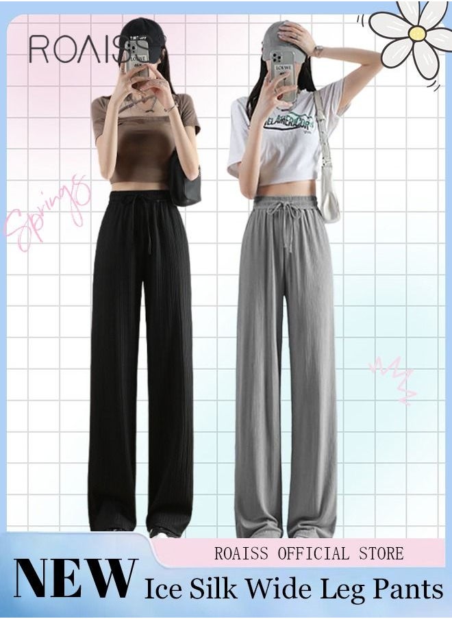 roaiss - 2 Piece Ice Silk Wide Leg Pants for Women Soft Trousers Ladies Mom's Long Pants Casual Plain New Arrival Trendy Straight Baggy Spring Summer Ladies Daily Outfit Clothes - Image 1