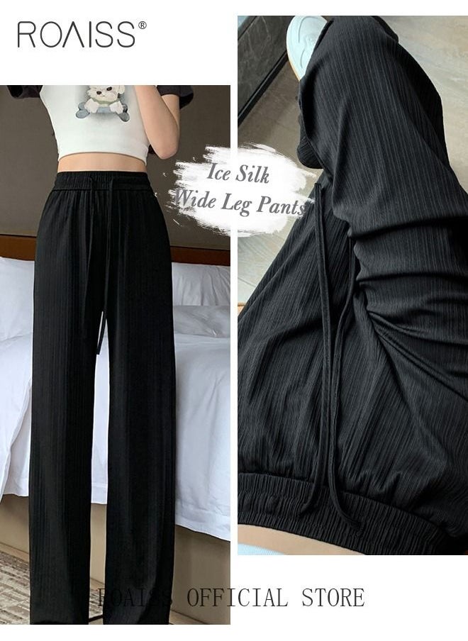 roaiss - 2 Piece Ice Silk Wide Leg Pants for Women Soft Trousers Ladies Mom's Long Pants Casual Plain New Arrival Trendy Straight Baggy Spring Summer Ladies Daily Outfit Clothes - Image 1