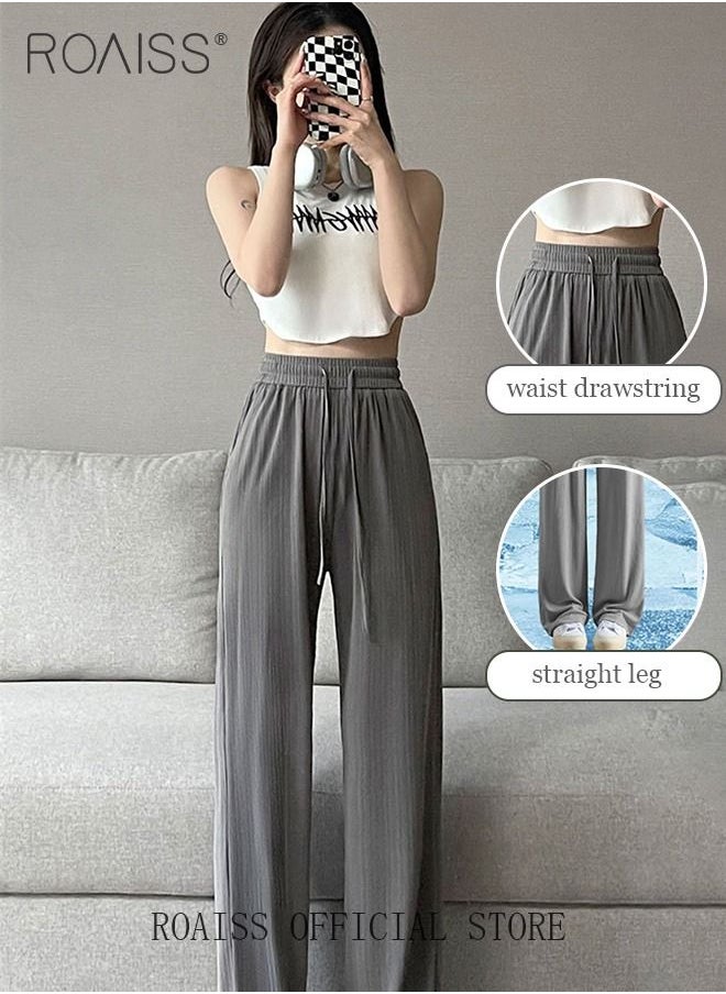 roaiss - 2 Piece Ice Silk Wide Leg Pants for Women Soft Trousers Ladies Mom's Long Pants Casual Plain New Arrival Trendy Straight Baggy Spring Summer Ladies Daily Outfit Clothes - Image 1