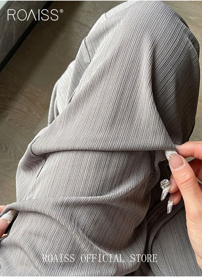 roaiss - 2 Piece Ice Silk Wide Leg Pants for Women Soft Trousers Ladies Mom's Long Pants Casual Plain New Arrival Trendy Straight Baggy Spring Summer Ladies Daily Outfit Clothes - Image 1